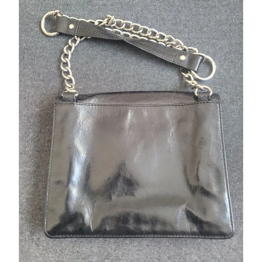 90s Y2K Via Spiga Black Shoulder Crossbody Bag Purse Leather‎ Chain Goth Grunge